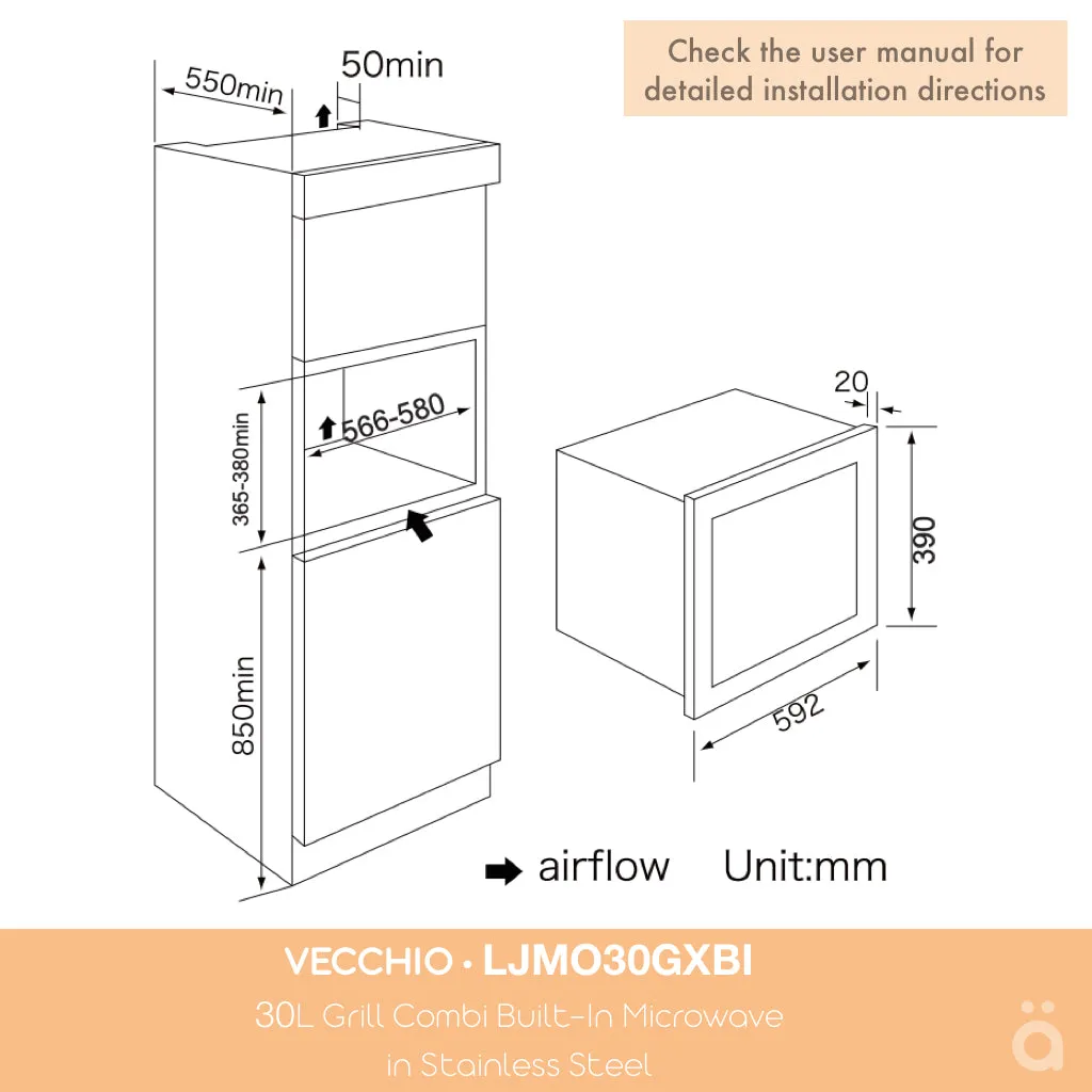 Vecchio 30L Grill Combi Built-In Microwave in Stainless Steel LJMO30GXBI