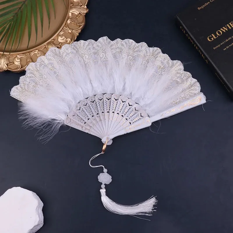 Vintage Japanese Chinese Gold Edge Folding Fan - White Feathers