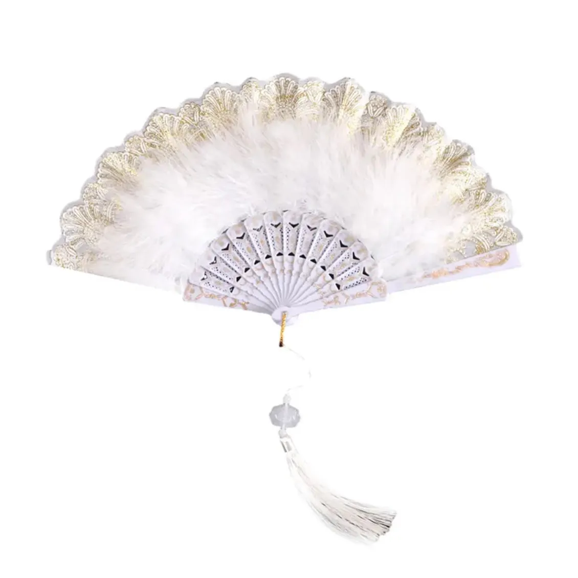 Vintage Japanese Chinese Gold Edge Folding Fan - White Feathers