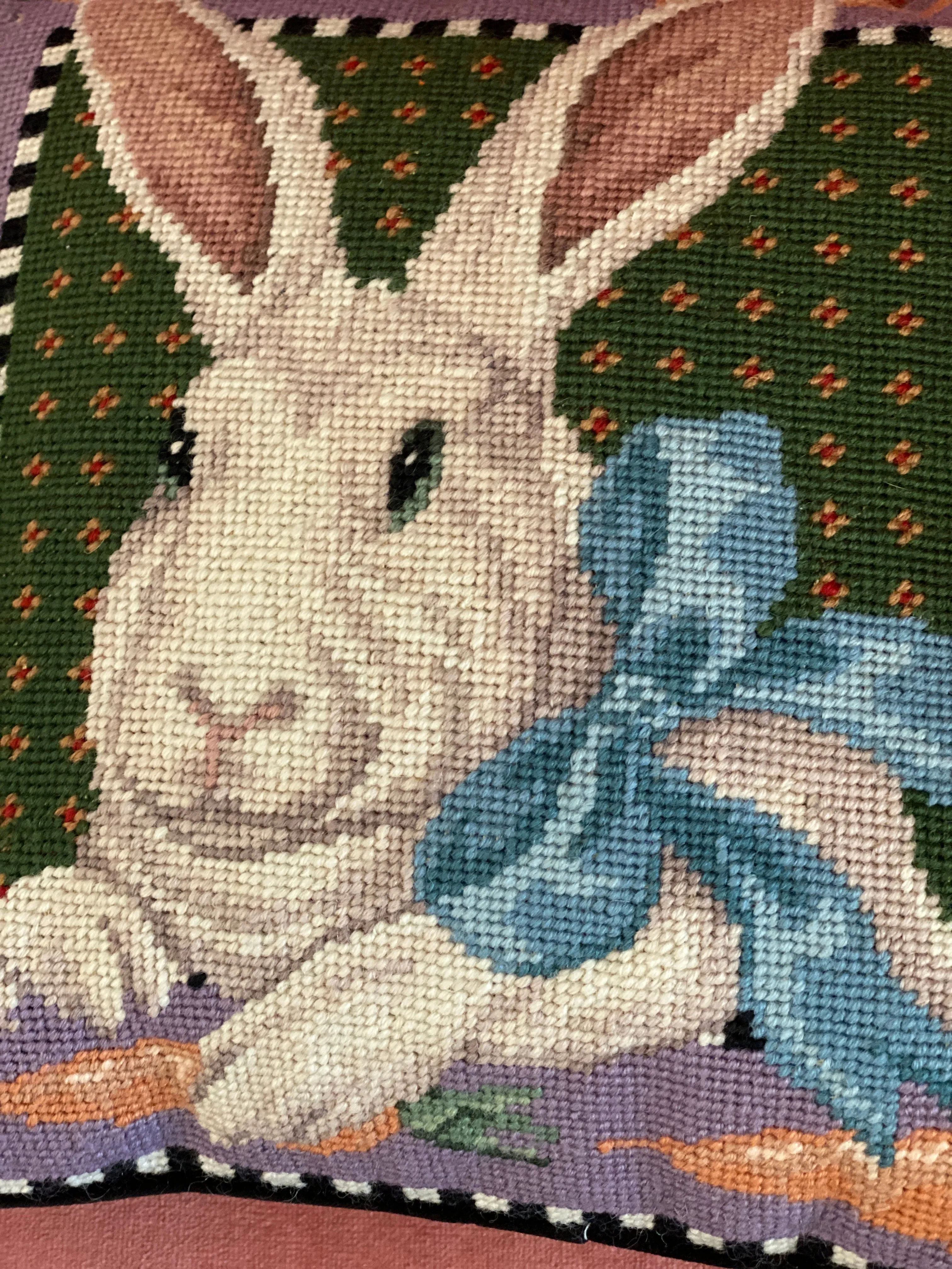 Vintage Needlepoint Bunny Rabbit Pillow