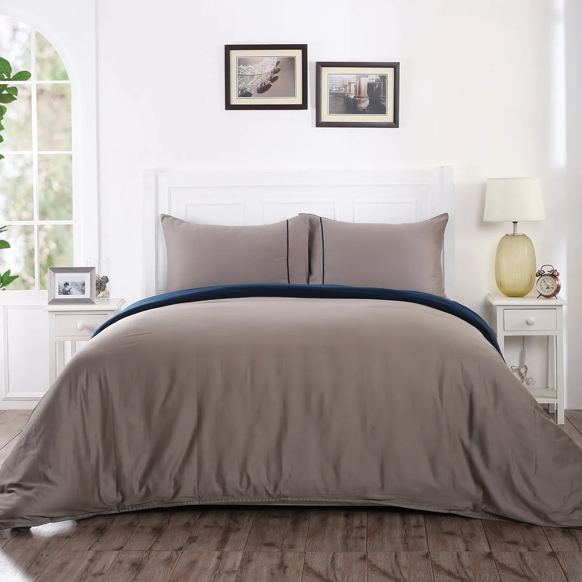 Viola Reversible 100 % Cotton Sateen Indigo/Grey Marble Duvet Cover with Pillow Case