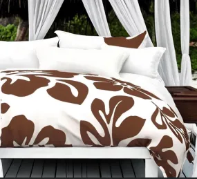 White and Chocolate Brown Hibiscus Hawaiian Flowers Duvet Cover -Large Scale