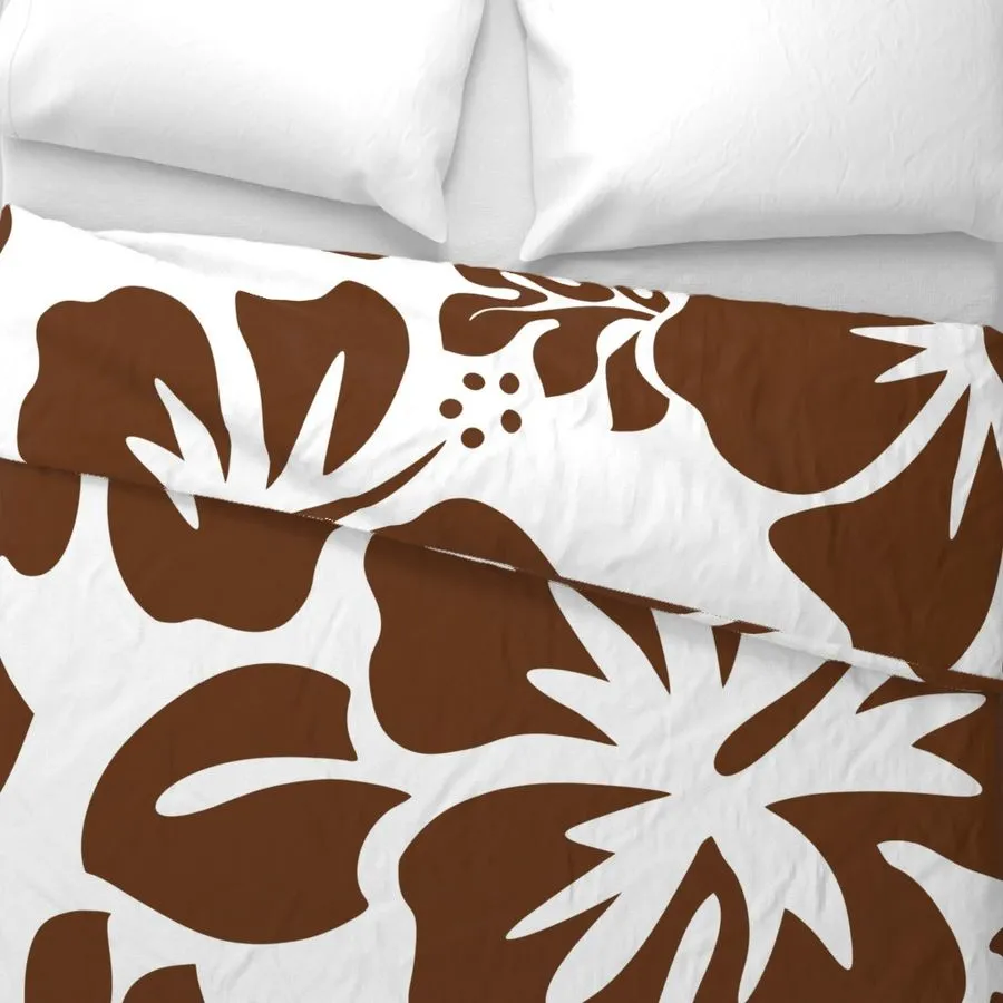 White and Chocolate Brown Hibiscus Hawaiian Flowers Duvet Cover -Large Scale