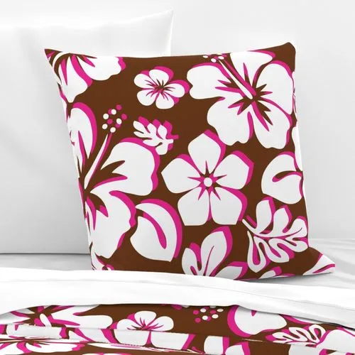 White and Hot Pink Hawaiian Hibiscus Flowers on Brown Euro Pillow Sham