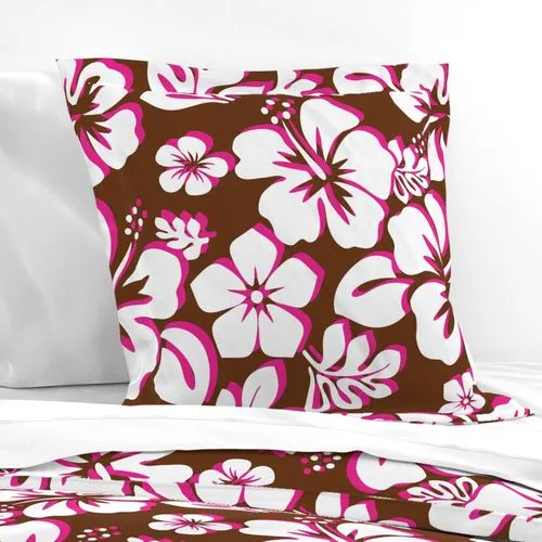 White and Hot Pink Hawaiian Hibiscus Flowers on Brown Euro Pillow Sham