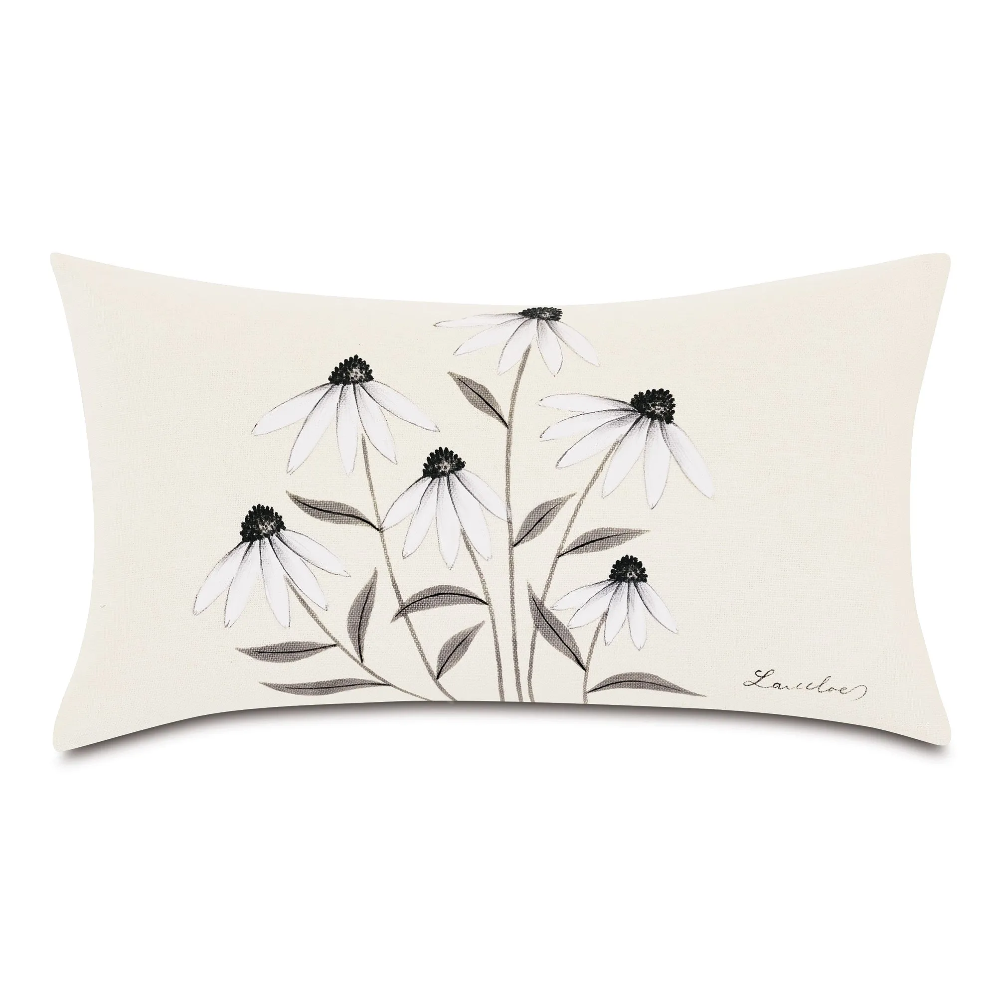 White Hand-Painted Cone Flowers Artisan Lumbar Pillow Cover 13x22