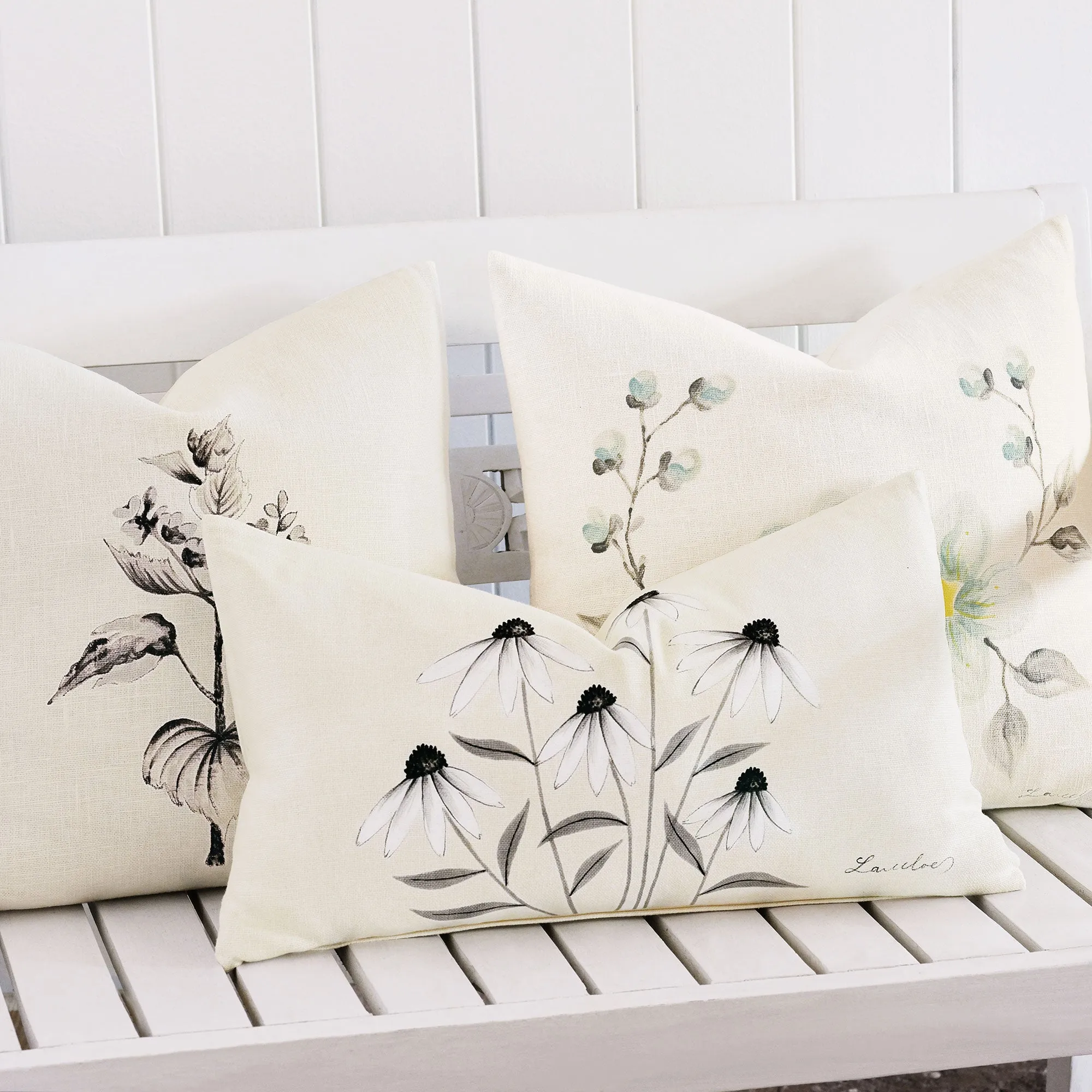 White Hand-Painted Cone Flowers Artisan Lumbar Pillow Cover 13x22