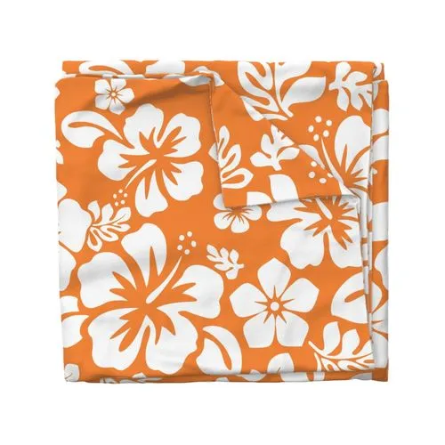 White Hibiscus and Hawaiian Flowers on Juicy Orange Duvet Cover -Medium Scale