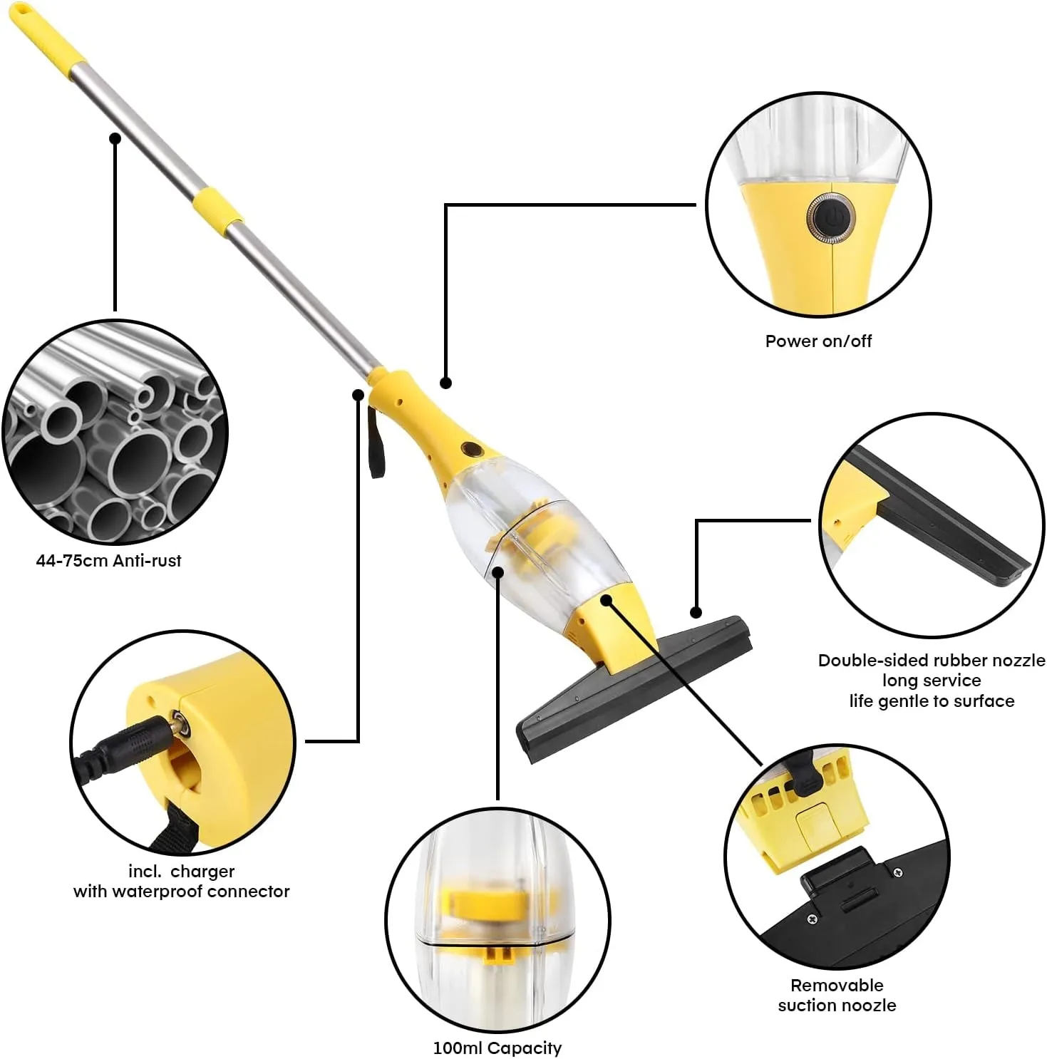 Window Vacuum Cleaner Set with Telescopic Handle, Spray Bottle and 280mm Blade, Suitable for Windows, Tiles, Mirrors and Glass, Electric Window Cleaning Helper