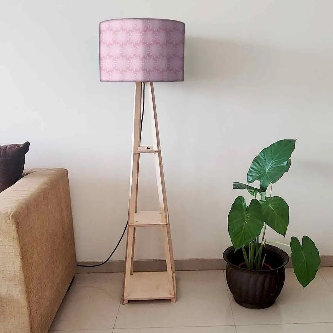 Wooden Tripod Floor Lamp  -   Pink Flower