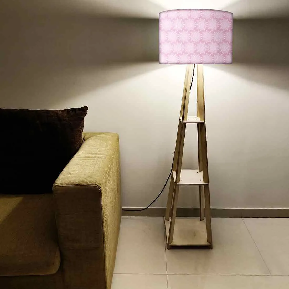 Wooden Tripod Floor Lamp  -   Pink Flower