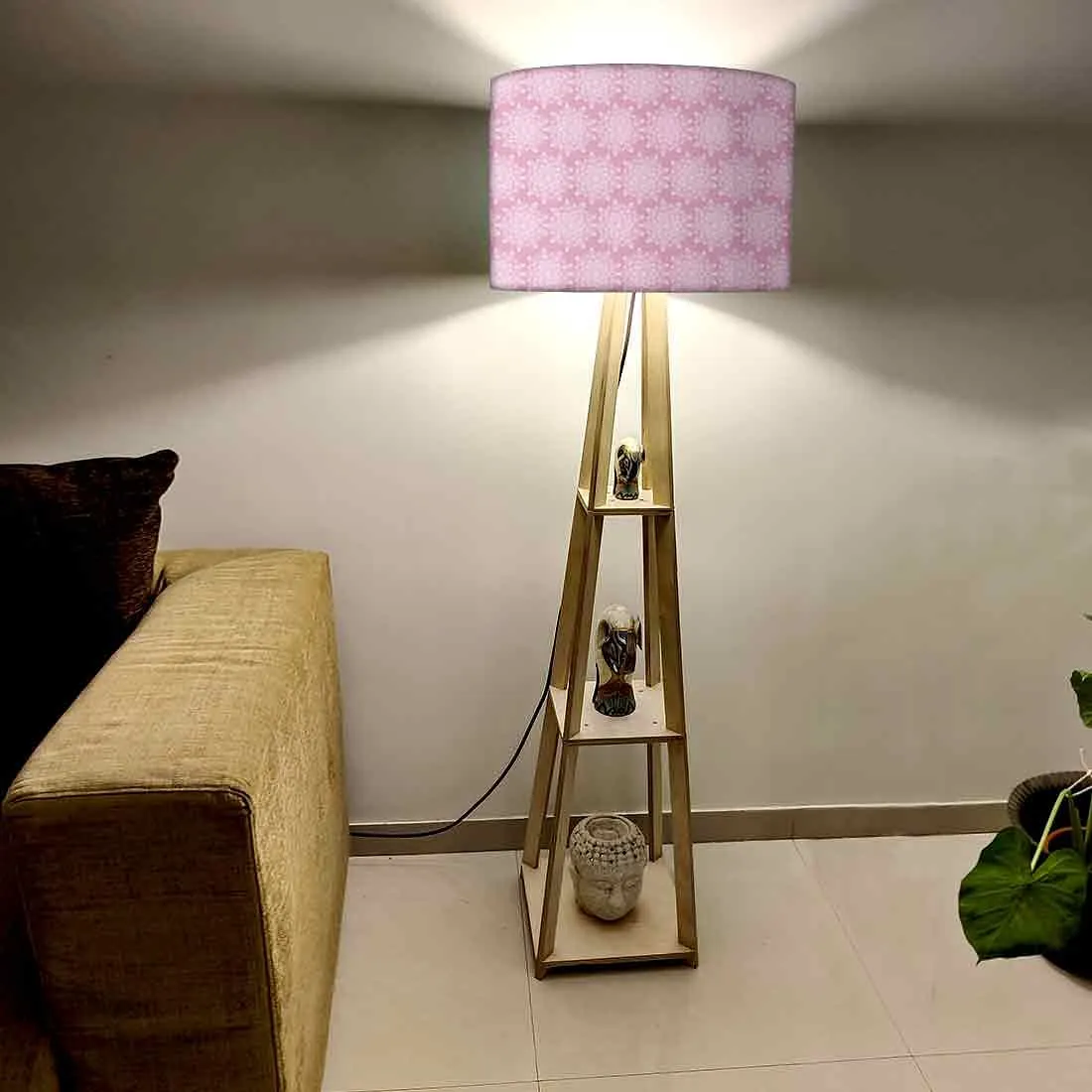 Wooden Tripod Floor Lamp  -   Pink Flower